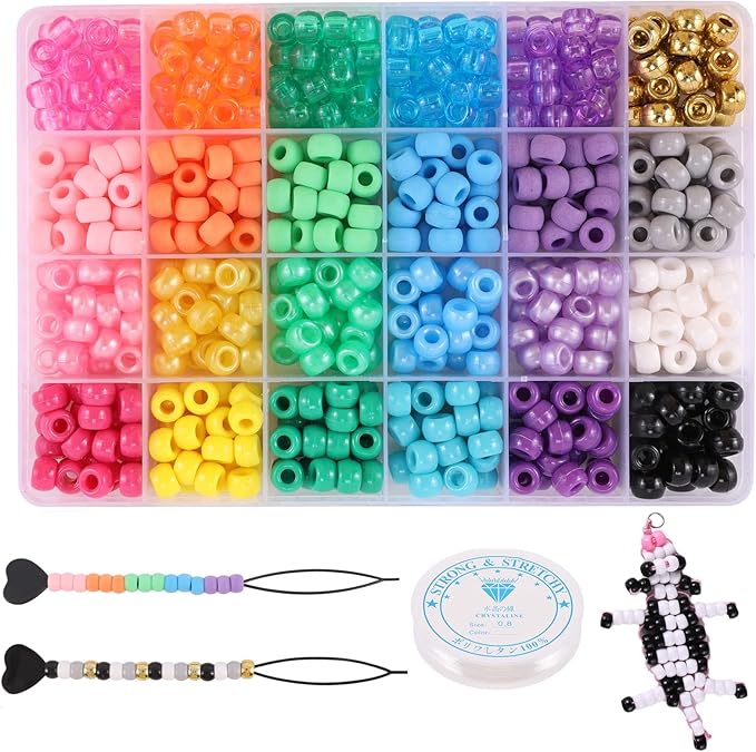 Miss Rabbit 24 Color Pony Beads for Jewelry Making, Hair Beads for Braids with Hair Beaders, Rainbow Kandi Bracelets Kit for Bracelet Making for Women DIY Crafts Friendship Bracelets Making Kit Gift