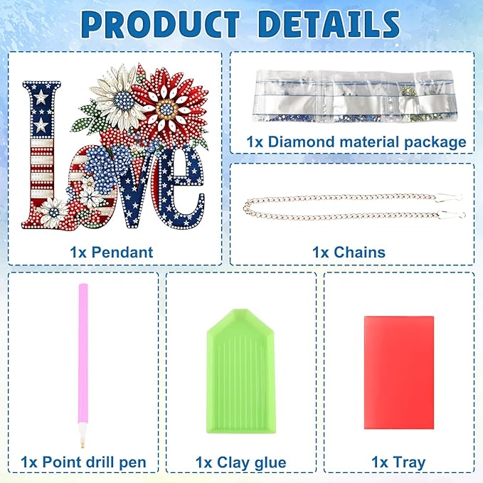 DOMROM 4TH of July Diamond Art Hanging Kit for Adult Beginners, Love and Flower DIY Diamond Art Hanging Kit, Patriotic Special Shaped Rhinestone, Window Pendant for Gift Garden Wall Home Decoration