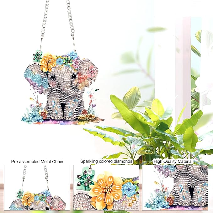 AiYuanzsh Diamond Art Painting Pendant Kits 5D Diamond Art Painting Art Hanging Kit Animal Elephant DIY Diamond Crystal Window Pendant Kit for Adults Gift Wall Home Decoration