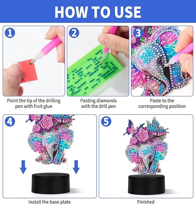 ALKALO Diamond Painting Night Light, Diamond Painting Kits For Adults Desktop Ornaments For Table Tabletop Decor Diamond Art Accessories For Adult Beginner Touch Lamp for Bedrooms Living Room-Elephant