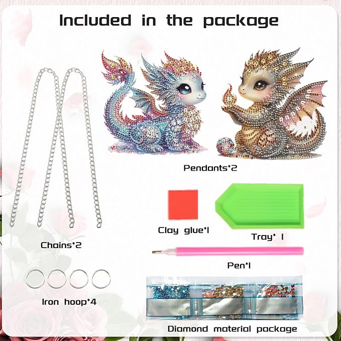 2 Pack Diamond Painting Dragon Hanging Ornaments – DIY Crystal Art Sun Catcher Kit for Window, Wall or Car Decor – Cute Fantasy Baby Dragon Decorations for Adults or Gift