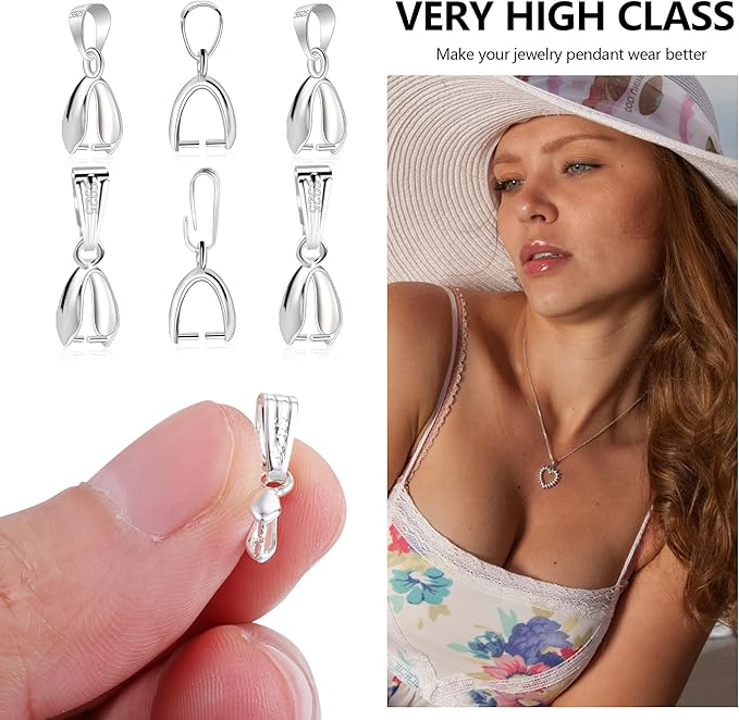 925 Sterling Silver Pinch Bail Clasp, 6 Pcs Hypoallergenic White Gold Plated Slider Necklace Pendant Pinch Clip with Open Loop Snap Bail Necklace Pendant Clasp Connectors for Jewelry Making