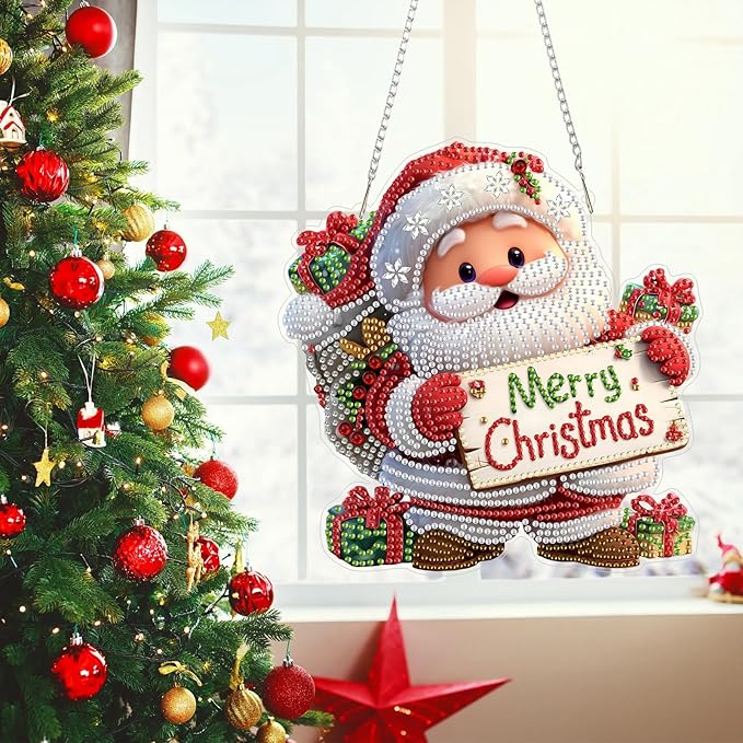 MEIYUDA Christmas Santa Claus Diamond Art Hanging Kits for Adult, Merry Christmas Diamond Painting Kits Ornaments, DIY Special Shaped Rhinestone Window Pendants kit for Home Garden Wall Decor Gift