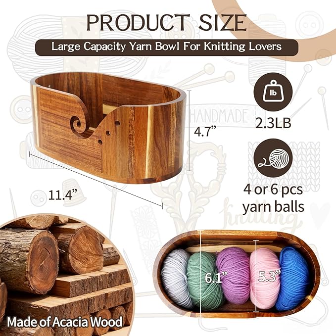 Large Oval Yarn Bowl, Crochet Bowl with 9 Crochet Hooks, Yarn Bowls for Crocheting, Gifts for People Who Love to Crochet, Acacia Wood, 11.4 x 5.9 x 5 Inch, A Gift from Nature