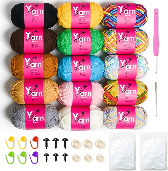 15 Pack Crochet Yarn Beginner - Black, White, Orange, Red, Green, Rainbow, Pink, Yellow Cotton Chunky Yarn - with Easy-to-See Stitches for Crocheting (15 * 50g)