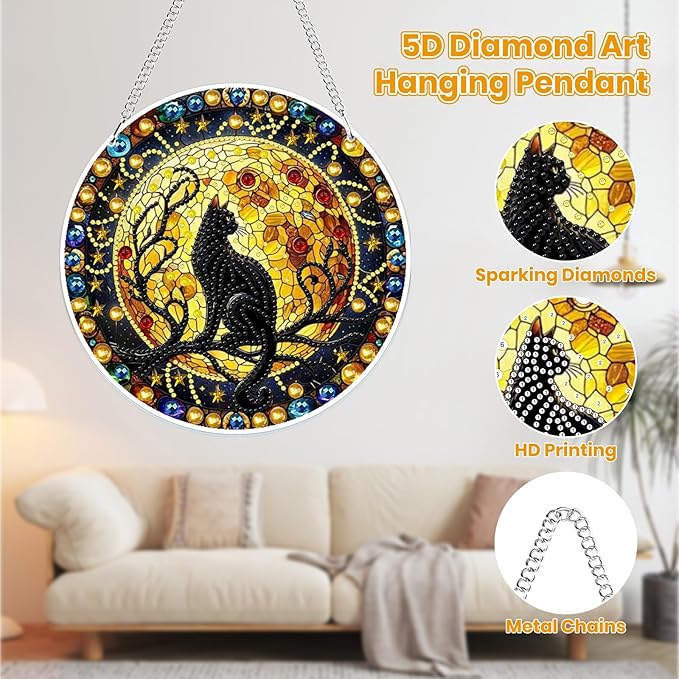 MOGTAA Hanging Diamond Art Painting Pendant Kits, 5D Black Cat Diamond Art Kits for Adults, DIY Animal Diamond Painting Kits Special Crystal Gem Art for Home Decor