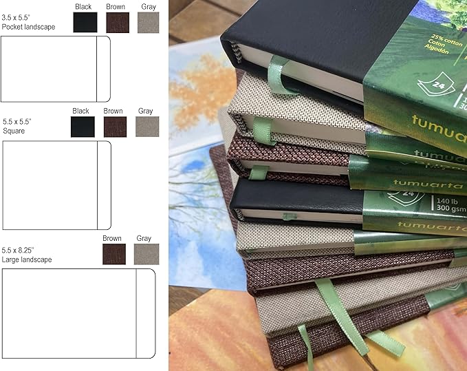 tumuarta Watercolor Journal,140 LB, 300 GSM, 8.25x5.5, Cotton Paper, Cold Press, 24 Sheets, 48 Pages, Watercolor Paper Sketchbooks for Use As Travel Notebook and Mixed Media Pad