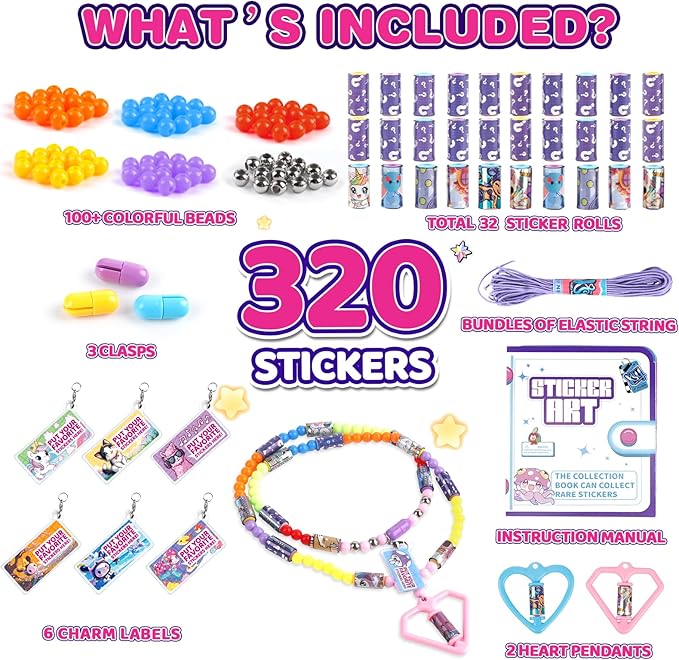plunack diy jewelry making kits bracelets for kids, stickers set, includes beads & charms & pendants, 320pcs wearable & shareable stickers rolls for ages 5+ and up, birthday gift for girls