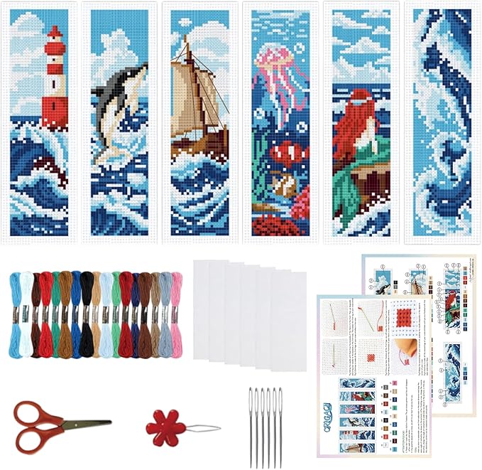 ORIGACH 6 Set Ocean Wave and Nautical Cross Stitch Bookmark Kit for Beginner with Backing Felt Floss Instructions DIY Stamped Embroidery Bookmark Kit for Adults, Book Lovers