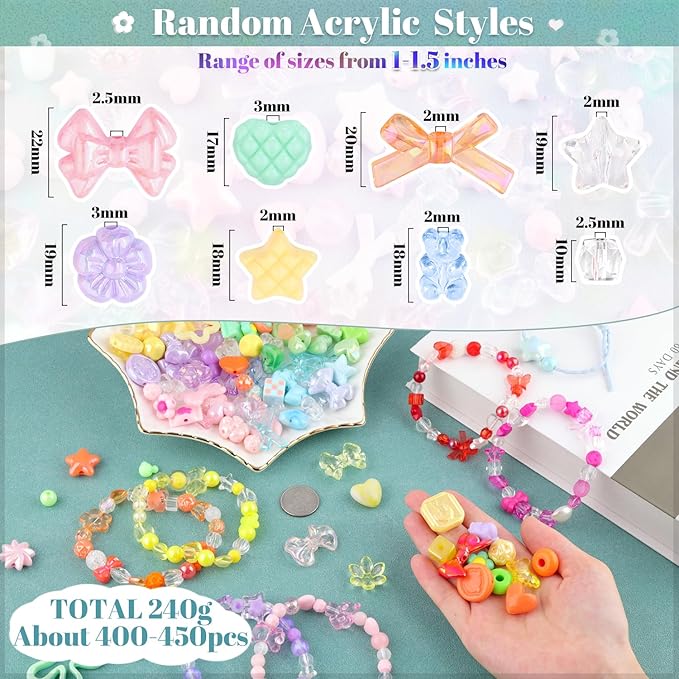 400-450PCS TINKRSTUFF Assorted Acrylic Beads For Bracelet Making, Cute Beads For Jewelry Making Flower Bow Butterfly Candy Gummy Bear Kawaii Aesthetic Beads,DIY Necklace Keychain Phone Charm(6 Colors)