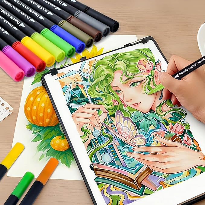 MIN CI Markers for Adult Coloring Books No Bleeding, 24 Colors Dual Markers Water-based, Dual Tip with Fine Tip and Brush Tip Pens for Calligraphy, Art Supplies Marker Kit for Drawing Art DIY Crafts