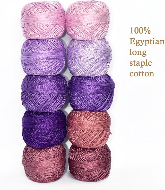 Double Mercerized Egyptian Long Staple Cotton Pearl Thread Ball 10 Grams Rainbow Color Embroidery Thread 10 Colors per Box for Crochet Hardanger Cross Stitch Hand Embroidery,Purple Series