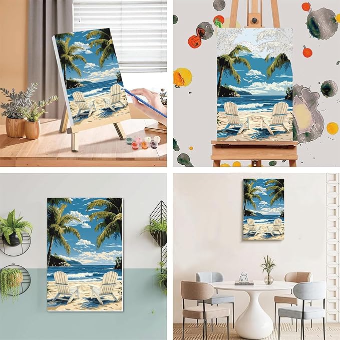 xackcme Beach Paint by Numbers for Adults with Framed Canvas - with Wooden Easel, Landscape Paint by Number on Canvas, DIY Acrylic Oil Painting Kits with Brushes for Home Wall Decor (8x12 inch)