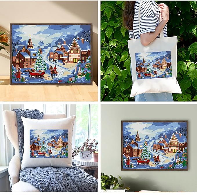 Zhenqing Christmas Snow Village Printed Cross Stitch Kit - 11CT 38x48cm with Threads, Needle & Pattern, No Hoop Needed for Beginners(65685)