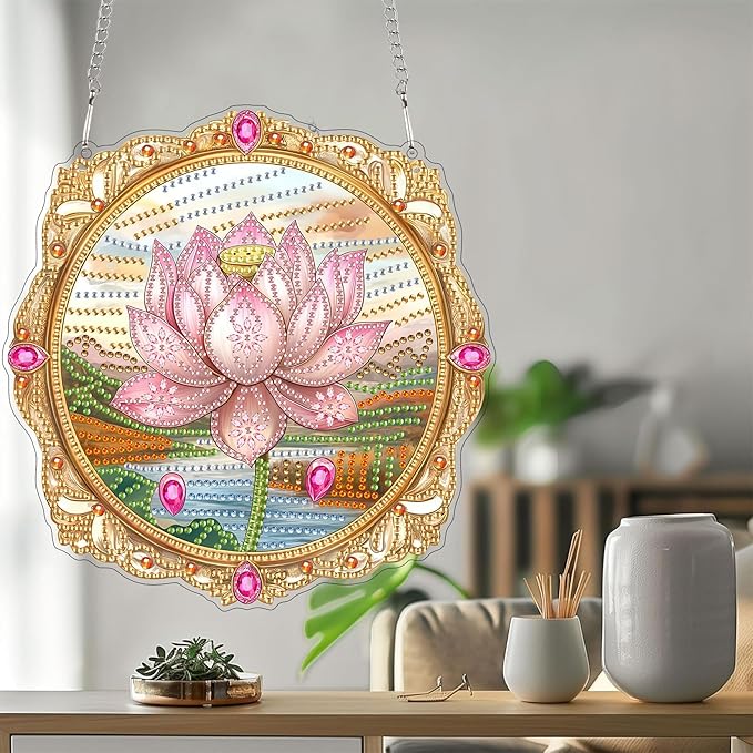 Bimkole Lotus Diamond Art Hanging Kit for Adult, DIY 5D Diamond Art Flower Window Pendant, Acrylic Crystal Art Hanging Ornament Home Wall Garden Front Door Sign Outdoor Decor 7.8x7.8 Inch