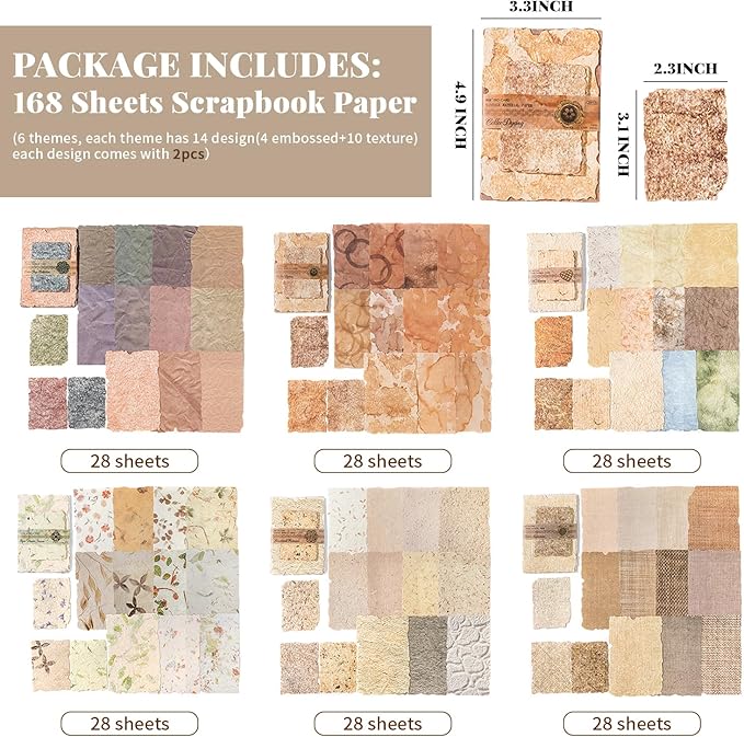 168Pcs Scrapbook Supplies Kit Textured Paper, Rice Paper For Scrapbooking Paper,Junk Journal Supplies,Decorative Decoupage Card Making Supplies,And DIY Mixed Media Collage Card,Vintage Wall Decor