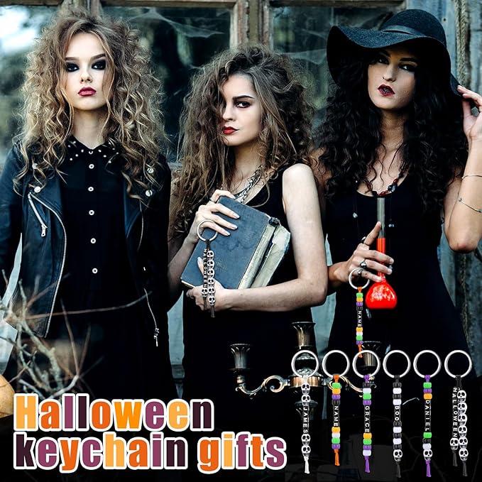 Landical 564 Pcs DIY Bead Keychain Kit Key Chain Making Craft Adjustable Letter Beads String Mama Gift Alphabet Bead Jewelry Key Ring Backpack Accessories for Party Favor(Halloween,Stylish Color)