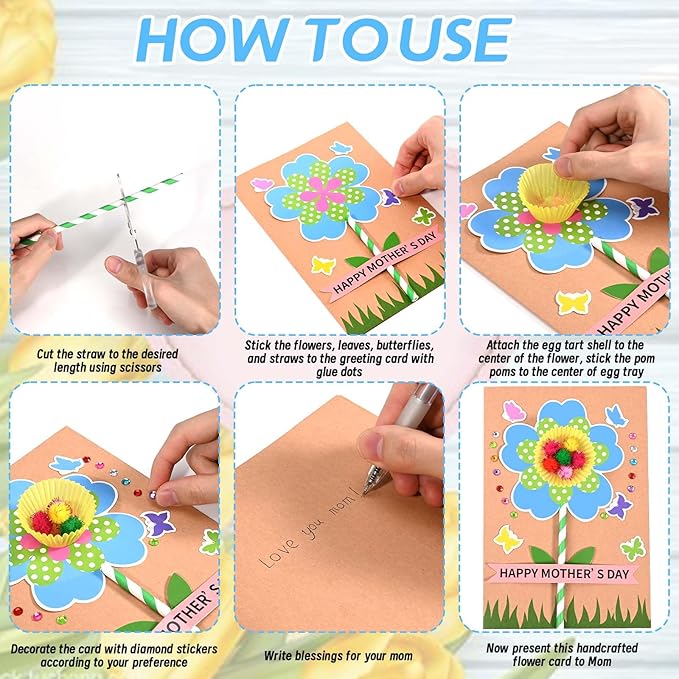 Sanixin 24 Sets Mother's Day Flower Card Craft Kit for Kids Spring DIY Flower Greeting Card Set Happy Mother's Day Card Making Kit for Mom Gifts Classroom School Home Activities