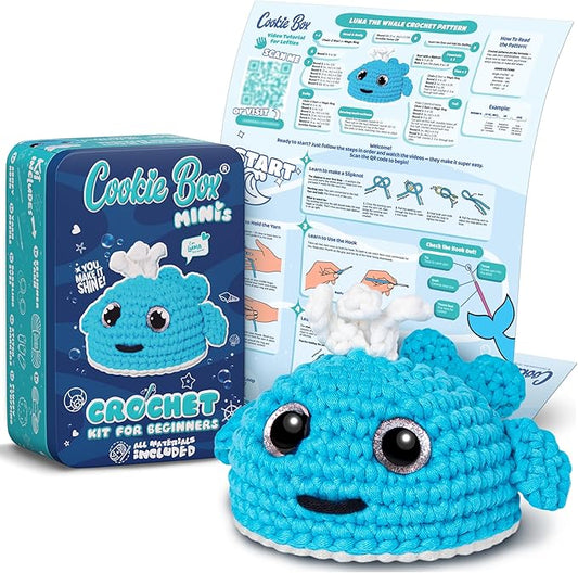 Cookie Box MINIs Crochet Kit for Beginners – Gift Set to Make Whale Luna Amigurumi Plushie – Easy DIY Crochet & Knitting Starter Kit with Printed Instructions & Step-by-Step Video Tutorial