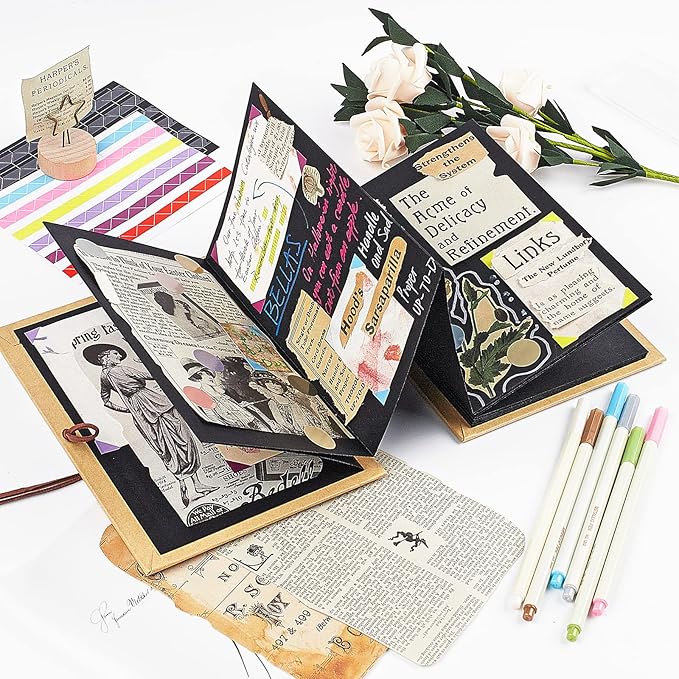 Scrapbook Album 6x8 Inch Small Photo Album with DIY Accessories Set, Stretchable Folding Kraft Paper Memory Book for Wedding Anniversary (Black)