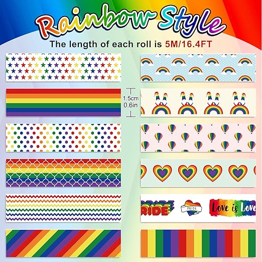 Whaline 12 Rolls Rainbow Washi Tape Gay Pride Day Washi Masking Tape Colorful Heart Love Decorative Paper Stickers for Birthday Gay Pride Day Scrapbook Gift Wrapping DIY Art Crafts