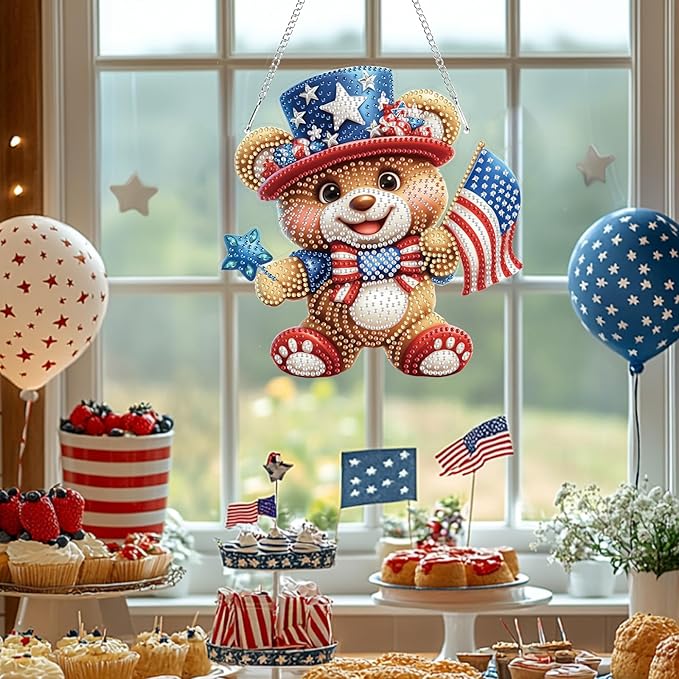 Bowetile Independence Day Bear 5D Diamond Art Hanging Kits for Adults, 4th of July Diamond Painting USA Window Pendant Kits, Special Shape Gem Art Suncatcher Ornament for Home Garden Wall Decor