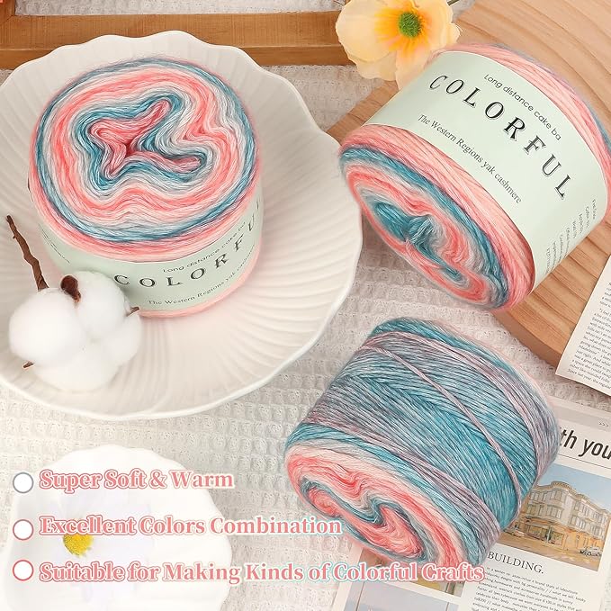Aeelike Gradient Yarn for Crocheting, 3 Skeins Cake Yarns 100g (3.52 oz) 245m (267 Yards) # 3 Light Weight - Super Soft Ombré Fairyland Yarns for Making Colorful Crafts, Blue Pink Gradient