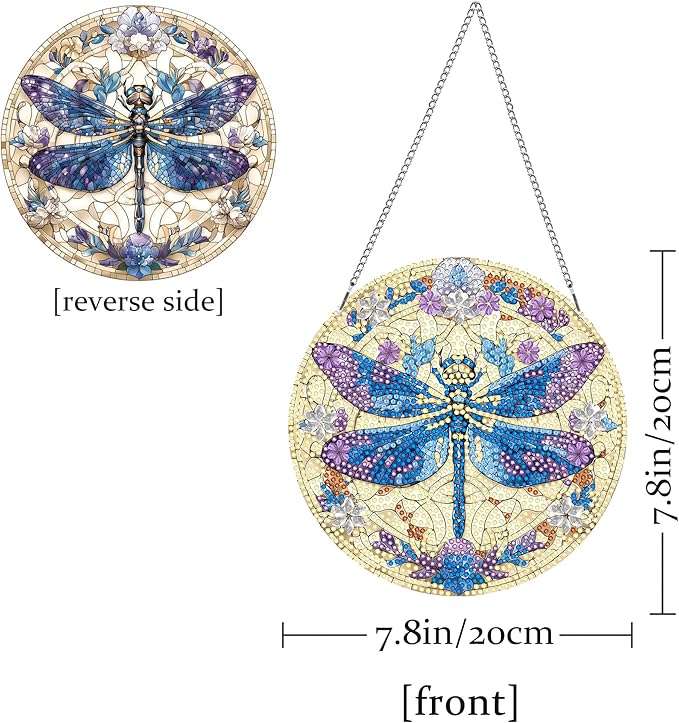 Hanging Diamond Art Kits for Adults Dragonfly – 8x8 Inch Double-Sided Acrylic Board DIY Crystal Diamond Suncatcher Pendant, Sparkling Home Wall or Window Decoration Handmade Gift