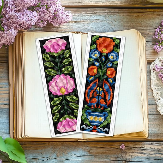 ACRNIGHEET 6PCS Cross Stitch Kits Stamped Cross Stitch Bookmark Kit for Beginner Adults Easy Flower DIY Embroidery Bookmark Kit Needlepoint Kits with Instructions Book Lovers Craft Gift 8.5''x3'' 11CT
