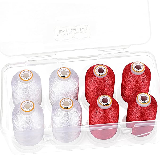 New brothread Polyester Embroidery Machine Thread 1000m Each with Clear Plastic Storage Box for Embroidery & Quilting - 4xWhite+4xRed