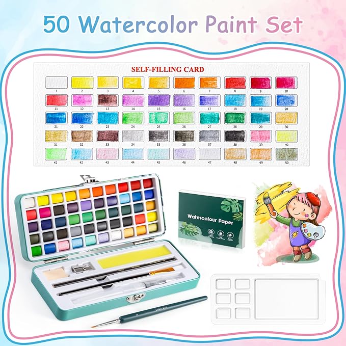 50 Colors Watercolor Paint Set, Watercolor Set with Watercolor Paper, Palette, Brushes, Water Color Art Supplies for Beginner Artists Adults Mothers Day Gifts for Mom