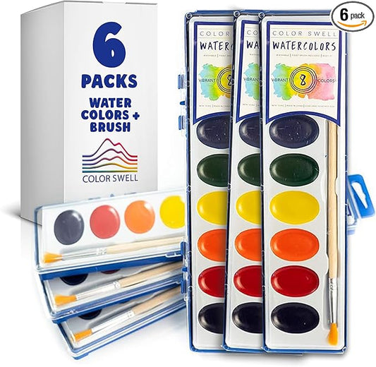 color swell 6 pack bulk watercolor paint pack with wood brushes 8 colors washable water colors great for kids, parties, students, all ages