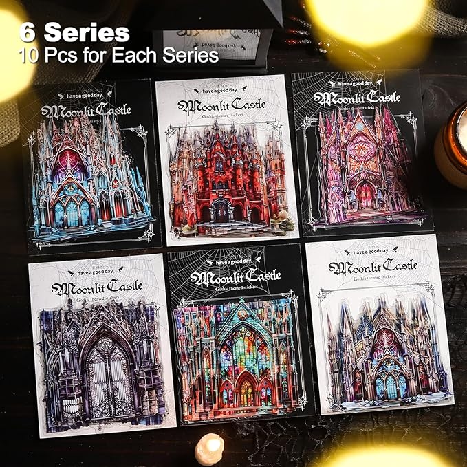 60PCS Moonlight City PET Stickers, Large Gothic Castle Stickers for Scrapbooking, DIY Crafts, Journaling, and Junk Journal Ephemera with Organizer
