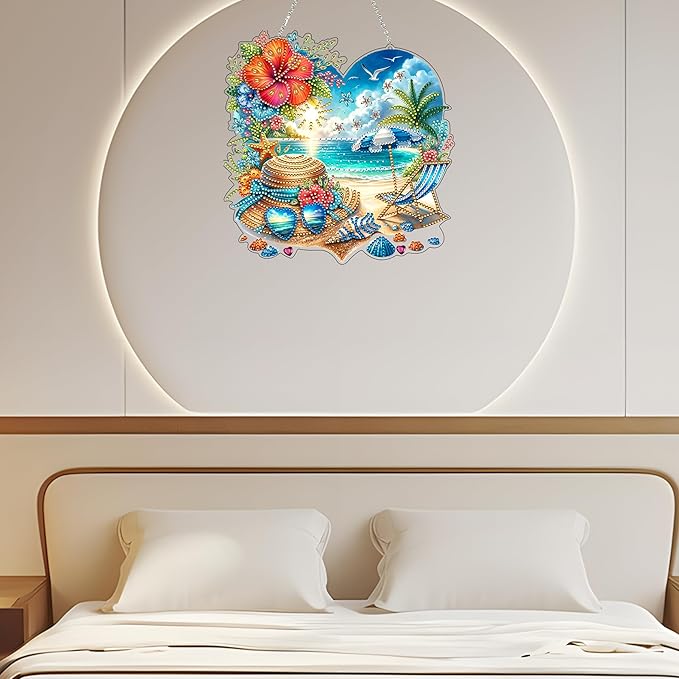 JJFox Diamond Art Hanging Kit for Adult,Special Shaped Rhinestone,Double Sided DIY Acrylic Diamond Art Painting Window Pendants Home Garden Wall Hanging Kits Hanging Ornament (Summer Beach)