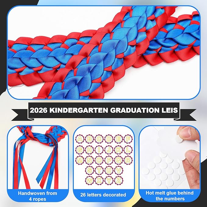 Juexica Kindergarten Graduation Ribbon Leis Class of 2026 Braided Necklace Making Kit with Alphabetic Decorative Cards Preschool Kids Grad Graduation Party Gifts(Red, Blue)