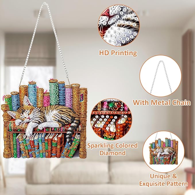 SENQAO Hanging Diamond Art Painting Pendant Kits, 5D Cat Diamond Art Kits for Adults, DIY Book Diamond Painting Kits Special Crystal Gem Art for Home Decor