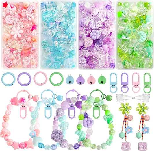 RYKOMO 450-550PCS Assorted Acrylic Beads for Bracelet Making Kit, with Bell, String, Key Rings, Clips in 4 Colors Flowers Hearts Bows Bears Candy Kawaii Cute Beads for DIY Keychain Jewelry Making