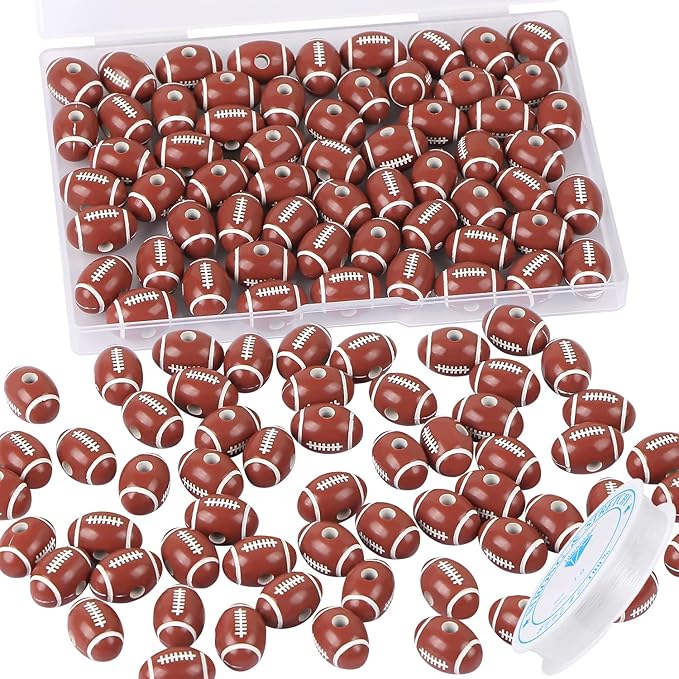 100pcs 18mm Football Beads with 5.5 Yard Elastic Rope,Acrylic Sports Beads DIY Spacer for Necklace Bracelet Keychains Handmade Jewelry Making Accessories Craft Supplies(Rugby)