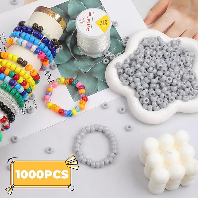 Plastic Pony Beads, 1000 Pcs, 6x9mm, for Bracelet, Hair Braiding, Friendship Bracelets, Jewelry Making (Gray)