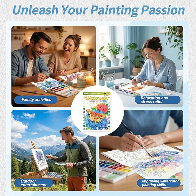 Adults Water Coloring Book: 12 Advanced Exquisite Patterns – 100% Cotton 300gsm Paper, A4 Size – for Beginners & Professionals to Enhance & Consolidate Watercolor Techniques (Butterfly)