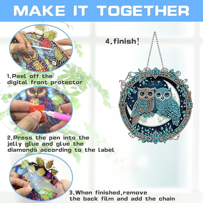 VAIIEYO Owl Diamond Art Hanging Ornament, Animal Bird Diamond Painting Suncatchers Window Hanging Kit with Chain, 7.5x7.5 inch Crystal Pendant Art Craft for Gift Home Wall Front Door Decoration
