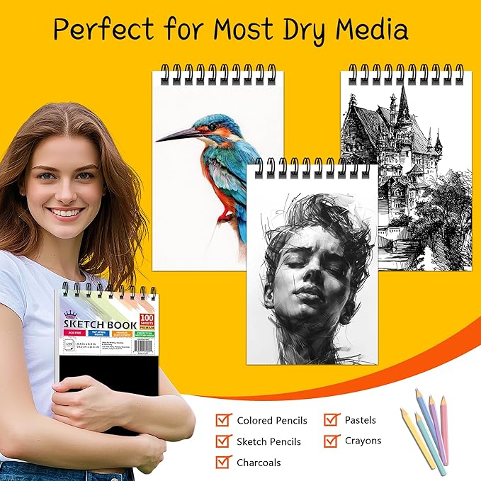 winner 5.5" x 8.5" sketch book, 400 sheets top spiral bound sketch pad, 68lb/100gsm white acid free drawing paper, drawing writing sketching pad, art supplies for kids adult beginners artists, 4 pack
