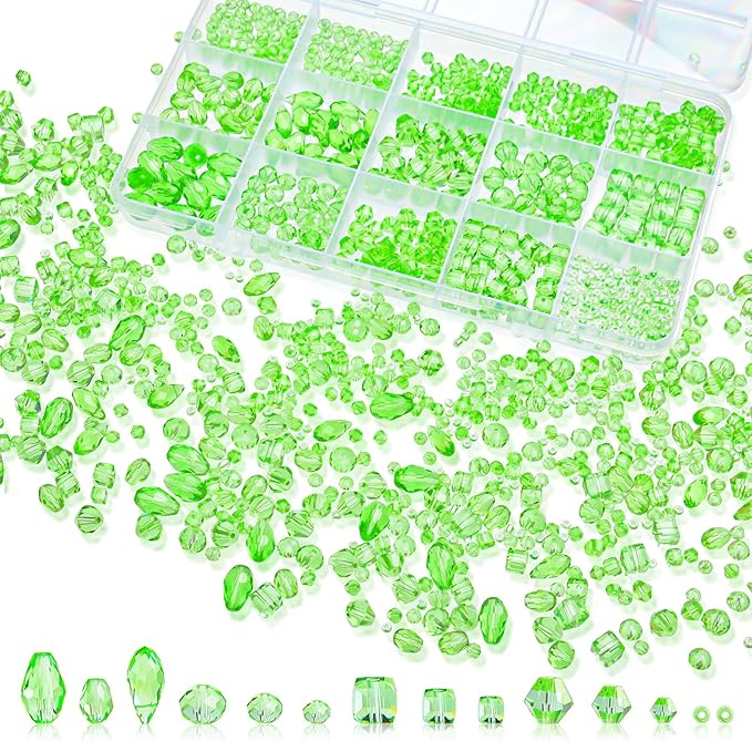 1500 Pcs Crystal Glass Beads for Jewelry Making – 12 Styles Bicone, Rondelle, Cube, Teardrop & 3mm Spacer Beads, DIY Bracelet Necklace Earring Craft Kit with Organizer Box(Green)