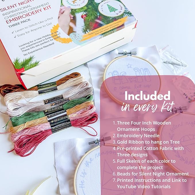 elly & grace christian embroidery kit with embroidery hoop, easy embroidery kit for beginners and adults, full embroidery hoop kit with needles and thread included (silent night)