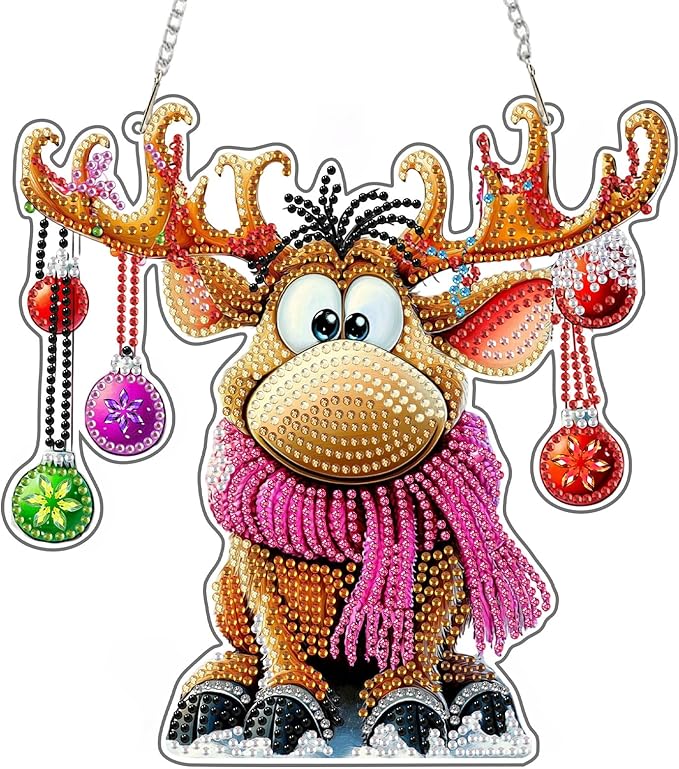 KEYIFA Christmas Diamond Painting Kit, DIY Reindeer Diamond Art for Adults, Diamonds Painting Pendant Special Shaped Rhinestone Window Hanging Ornaments Home Garden Wall Door Decoration, 20cm Width
