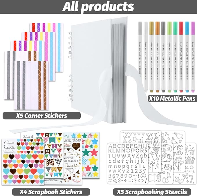 Gotideal 80 Pages Scrapbook Album with 10 Metallic Markers, Craft Paper Photo Album for Wedding and Anniversary, Family DIY Scrapbook Accessories with Scrapbooking Stickers Corners(White)…