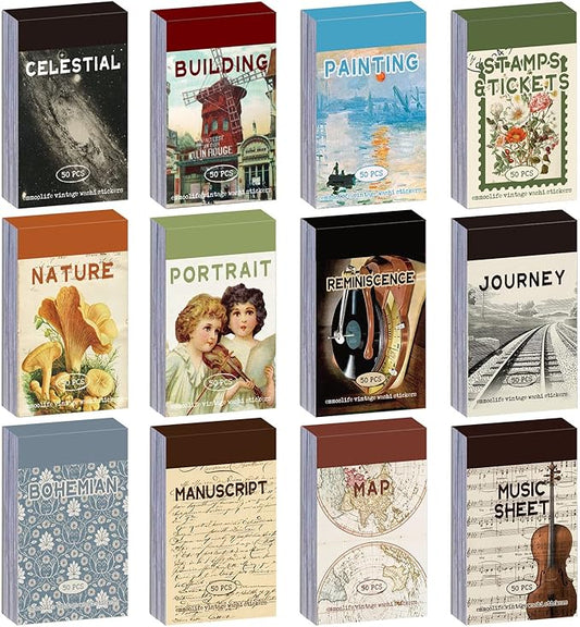 12 sets 600 sheets washi stickers for journaling, map nature celestial portrait boho stickers vintage aesthetic scrapbook sticker set for bullet journal art diary card craft gifts planner notebook