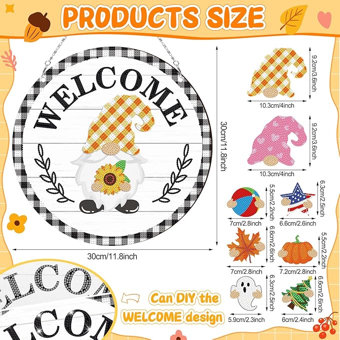 33 Pcs Magnetic Diamond Art Set Interchangeable DIY Gnome Diamond Painting Decor Detachable Welcome Sign Seasonal Door Hanger Gnome Party Decorations Gift for Home Wall Front Door(Stylish)