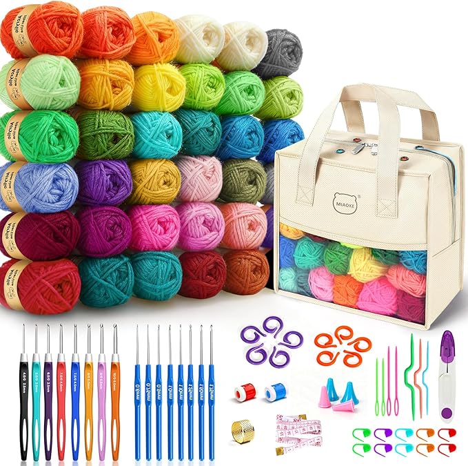 MIAOKE 90 Pcs Portable Crochet Kit with 36 Colors of Crochet Yarn, 36 Crochet Hook Accessories, 16 Crochet Hooks, A Waterproof Knitting Bag and a Storage Bag. Suitable for Beginners and Professionals