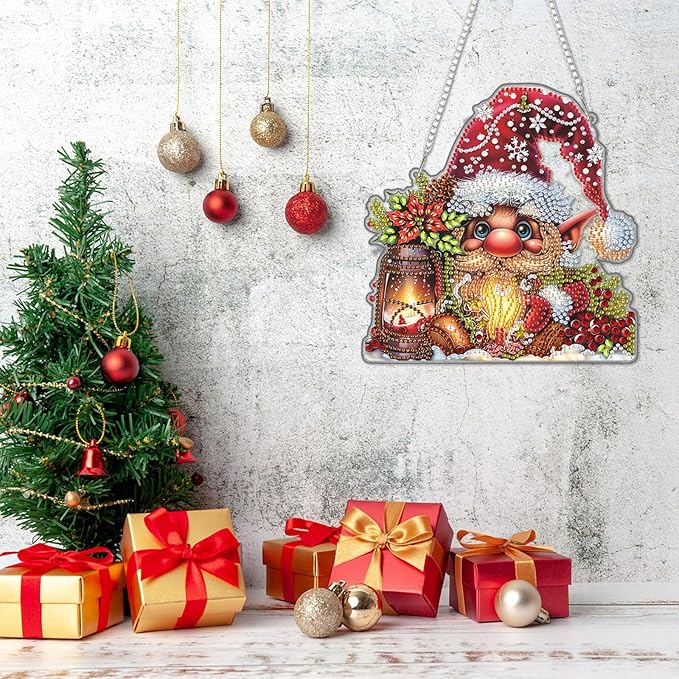 DOMROM Gnome Diamond Art Hanging Kits for Adults Beginner, Christmas Special Shaped Crystal Diamond Painting Gnome Pendant, DIY Diamond Art Suncatchers for Home Garden Wall Decor Gift